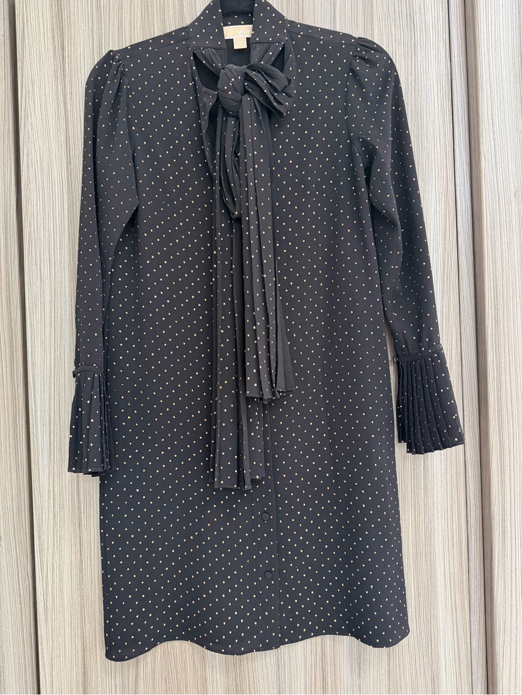 Michael Michael Kors Black Dress With Gold Polka Dots And Tie-Neck